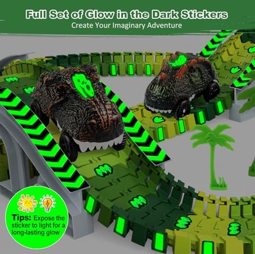 Dinosaur Toys for Kids 3-5, Glow in The Dark Flexible Race Track Playset