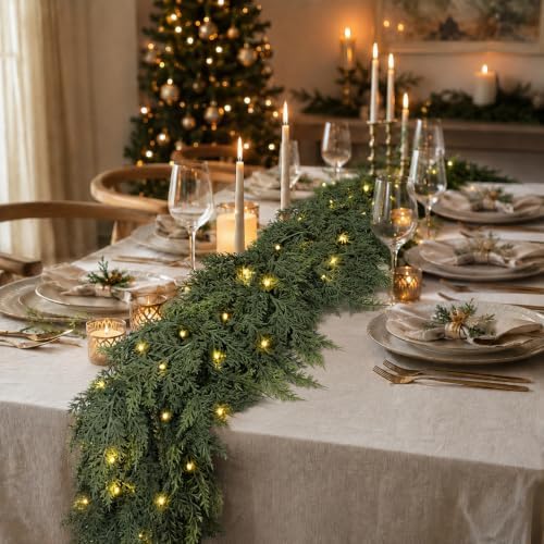 15FT Christmas Cedar Garland with Lights Prelit Pine Garland Decoration
