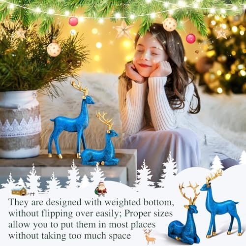 Thyle 4 Pcs Christmas Reindeer Decor Indoor Small Blue Resin Deer Figurine