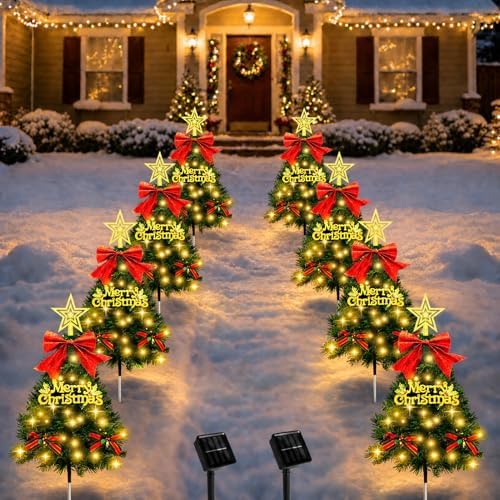 Christmas Tree Solar Pathway Lights Outdoor Decor, 8 Pack, Green