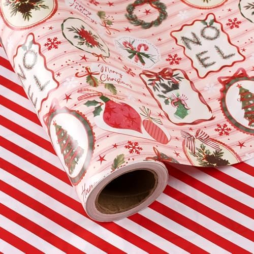 WRAPAHOLIC 30 Inch Reversible Christmas Wrapping Paper - 30 Inch x 33 Feet - Pink & Red Classic Christmas Decor and Stripes Wrapping Paper for Xmas Holiday, Party Celebration
