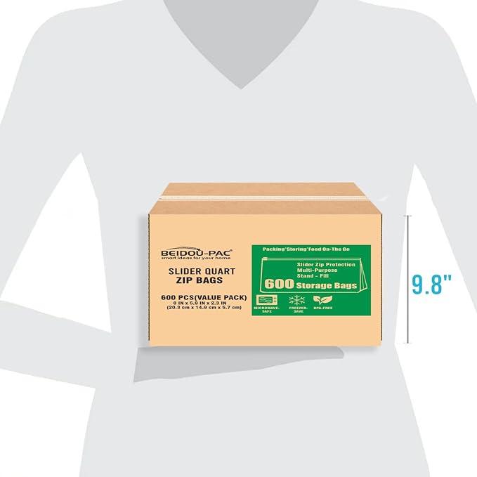 BEIDOU-PAC Slider Quart Food Storage Freezer Bags with Stand-Up Bottom, 600 Count | 2 Mil | 8 IN x 5.9 IN x 2.3 IN, Freshness Easy Open Reclosable Clear Plastic Bags (Slider-quart-600count)