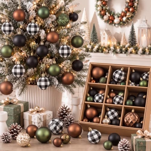 Lunmon 64 Pcs Neutral Christmas Ball Ornaments Bulk Check Brown Green Black