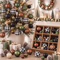 Lunmon 64 Pcs Neutral Christmas Ball Ornaments Bulk Check Brown Green Black