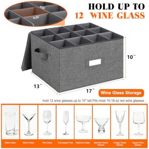 Stemware Storage Containers 2 pack, Wine Glass Storage Box with Dividers