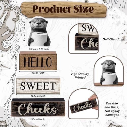 Moucuny 4 Pcs Otter Bathroom Decor Wooden Block Signs Hello Sweet Cheeks
