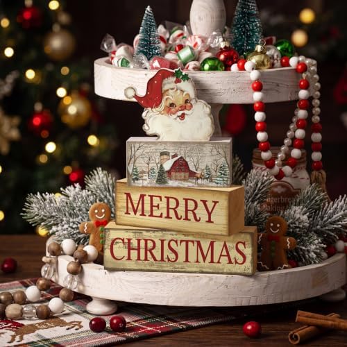 Lineshading 4 Pcs Vintage Christmas Table Decoration Wooden Santa Claus Decor Merry Christmas Tiered Tray Decor Decorative Santa Claus Block Sign Gift Farmhouse Xmas Table Centerpiece for Home Kitchen