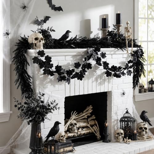 2 Pcs Black Norfolk Pine Maple Leaf Garland, Spooky Halloween Garland Set