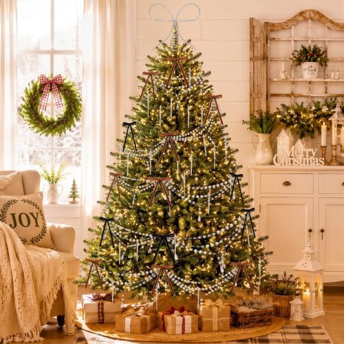 46 Pcs Christmas Tree Decorations Bow Topper Ornaments Transparent Beaded Necklace Acrylic Thread Icicle Christmas Tree Hanging Ornaments for Xmas Home Office Decorations