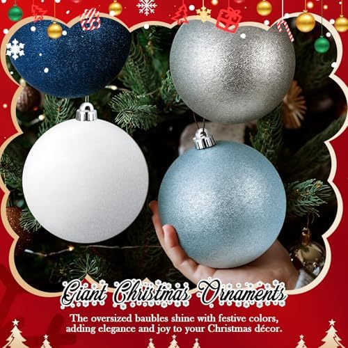 Poen 12 Pcs 6 Inch Large Glitter Christmas Ball Ornament, Navy Blue Silver