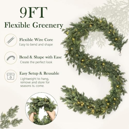 Pre-Lit Christmas Garland 9FT Decorations Real Touch Cedar Cypress Pine Greenery Artificial Green Christmas Garland with Lights for Mantle, Fireplace, Table, Stairs, Door, Indoor Outdoor Decorations