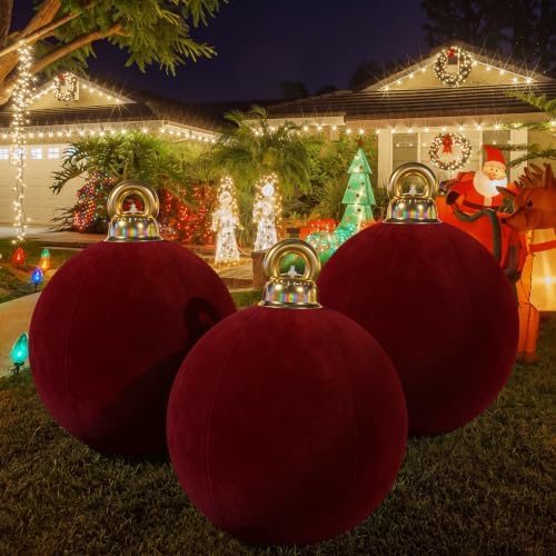 Jetec 3 Pcs 32 Inch Giant Dark Red Velvet Christmas Inflatable Balls