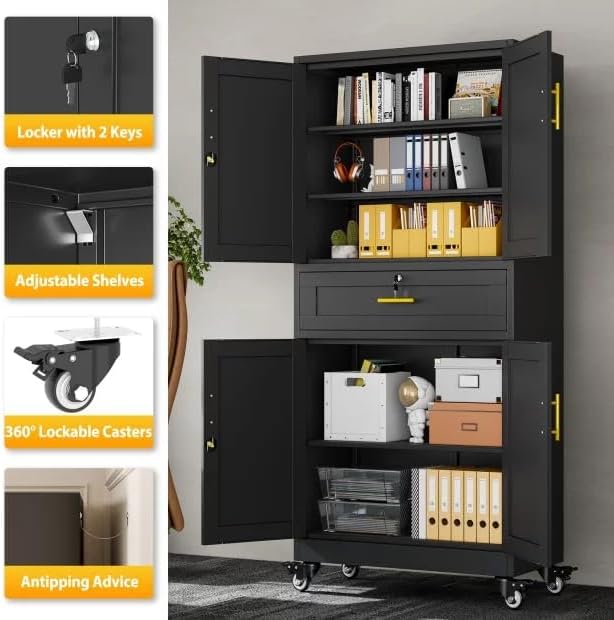 PAOFIN Metal Tall Storage Cabinet with Drawer, Garage Storage Cabinet | with Locking Doors and 3 Adjustable Shelves, 74" H Steel Cabinets for Garage, Home, Office, Black, Assembly Required