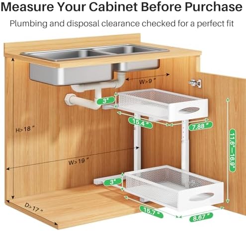 Under Sink Organizer, 2 Tier Pull out Cabinet Organizer Baskets with Mesh Sliding Drawers, Slide out Storage Shelf for Home, Kitchen, Bathroom, Pantry, Office Cabinet(1 Pack, White)