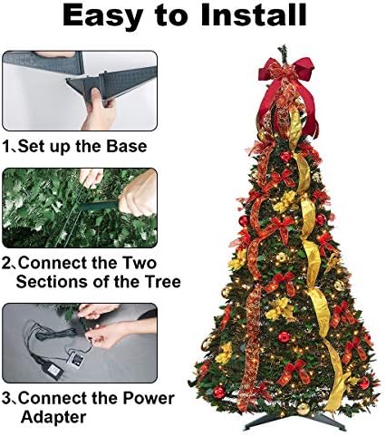 6FT Prelit Pop Up Artificial Christmas Tree Pull with Lights, Decorations, Remote - Red, Gold Ornaments, Bows, Ribbons