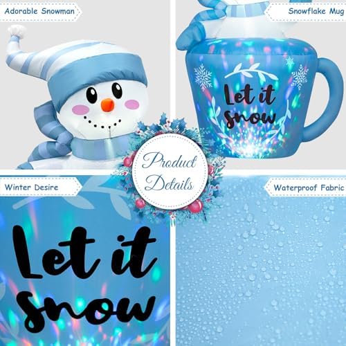 OurWarm 5FT Christmas Inflatable Snowman in Mug, Adorable Blue Snowman Blow Up Awaiting the Snow, Christmas Inflatables Outdoor Decorations with Built-in LEDs & Blower for Yard Lawn Winter Inflatables