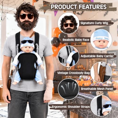 8PCS Halloween Baby Carrier Costume for Men Adult Funny Dad Wig Beard Set