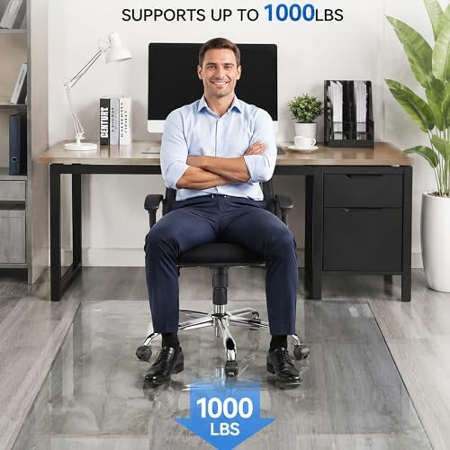 48 x 72 Inch Glass Chair Mat, 1/5 Inch Thick Tempered Glass Office Chair Mat for Carpet and Hardwood Floors, Heavy Duty Clear Desk Floor Protector with Rounded Corners and 8 Non-Slip Pads