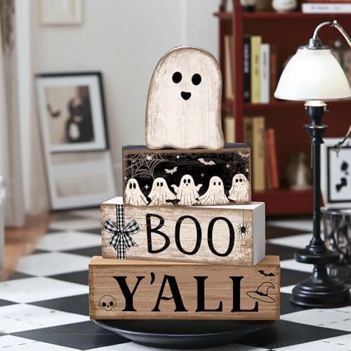 Lineshading 4 Pcs Halloween Table Decoration Wooden Ghost Tiered Tray Decor