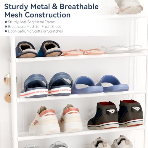 Whitmor 36 Pair Over the Door Shoe Rack,12 Tier Hanging Shoe Organizer with Metal Frame & Mesh Shelves, Heavy Duty Shoe Storage Holder for Door, No Drill Installation, 74" H x 21.7" W x 7.5" D, White