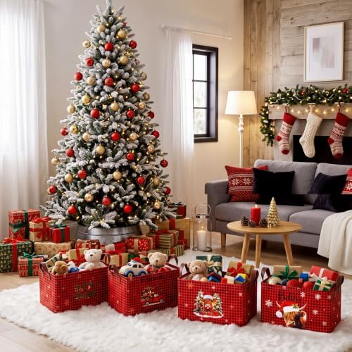 CHENGU 6 Pack Christmas Storage Basket Collapsible Christmas Basket for Gifts Highland Cow Holiday Decor Large Red Truck Bin Foldable Xmas Tree Box with Handle for Bedroom Office Home
