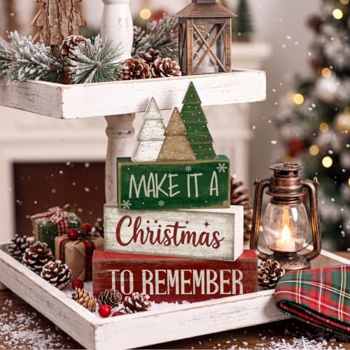 Lineshading 4 Pcs Christmas Table Decor, Wooden Neutral Tree Block Sign
