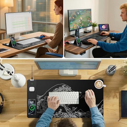 Wireless Charging Mouse Pad with Phone Holder, 31.5"x15.8" in, Black Wave