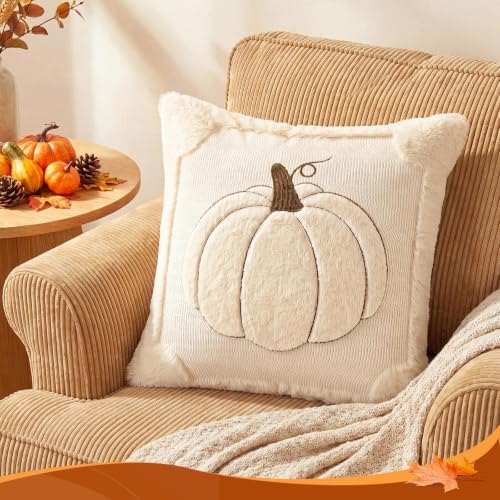 Fall Throw Pillow Covers 18x18 Set of 2 Double-Sided Beige Pumpkin Plush