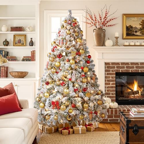 Yaheetech 6ft Pre-Lit Snow Flocked Artificial Christmas Tree, 250 Lights
