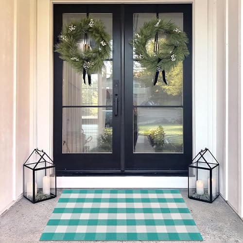 Spring Green & White Plaid Rug - 28 x 43 Inches Outdoor Front Door Decor Mat Cotton Washable Hand-Woven Rug Christmas New Year Holiday Porch Entryway Layered Doormat