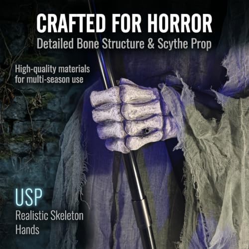 9FT Animated Grim Reaper Halloween Decoration - Sound Activated Halloween Animatronic Outdoor with Movement, Creepy Sounds and Light-Up Head, Giant Scary Reaper Prop, for Yard Porch Haunted House