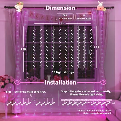 JMEXSUSS 300 LED Curtain Lights, Pink String Lights for Bedroom, 9.8x9.8 ft