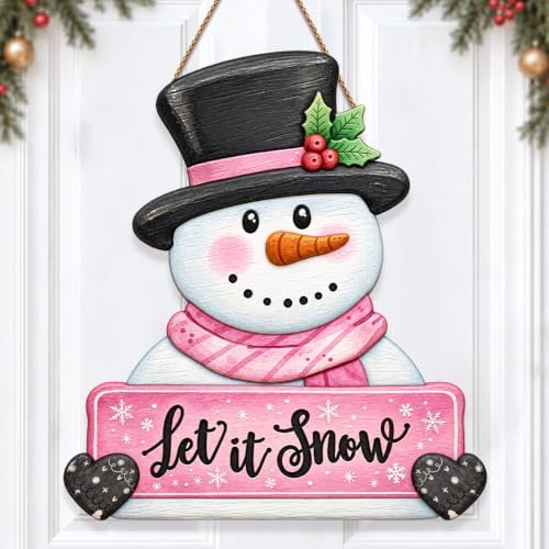 Christmas Decorations Winter Pink Snowman Hanging Wooden Front Door Sign