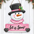 Christmas Decorations Winter Pink Snowman Hanging Wooden Front Door Sign