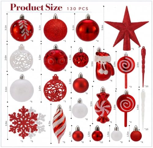 130 Pcs Red & White Christmas Ball Ornaments, Shatterproof | Assorted Christmas Tree Decorations with Matte, Glitter and Shiny Finishes, Hanging Loops for Wreaths and Garlands
