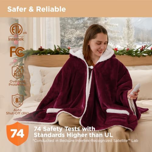 Bedsure Wearable Heated Blanket Hoodie Shawl, Preheat, 55"x64", Burgundy
