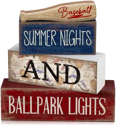 Lineshading 4 Pcs Baseball Wooden Blocks Sign with Bat, Blue White Red
