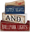 Lineshading 4 Pcs Baseball Wooden Blocks Sign with Bat, Blue White Red