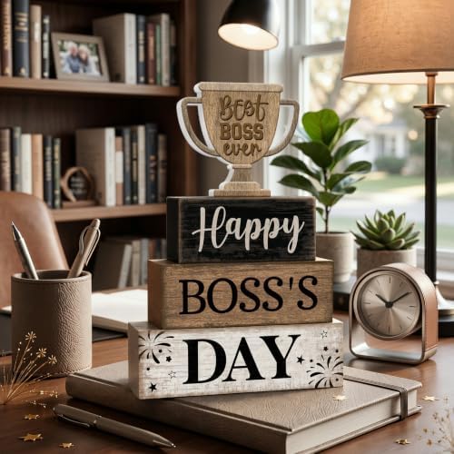 Moucuny 4 Pcs Boss Day Table Decorations Rustic Trophy Wooden Blocks Decor