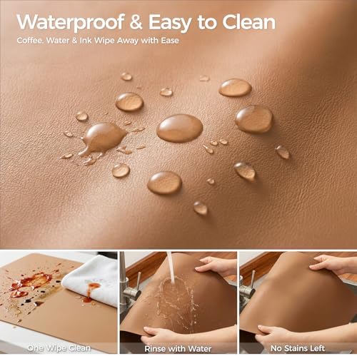 1.6mm Thick Leather 16x36 Inch Non-Slip Mat, Waterproof Countertop Protector, Wide Coffee Station/Large Office Desk Pad, Caramel Brown