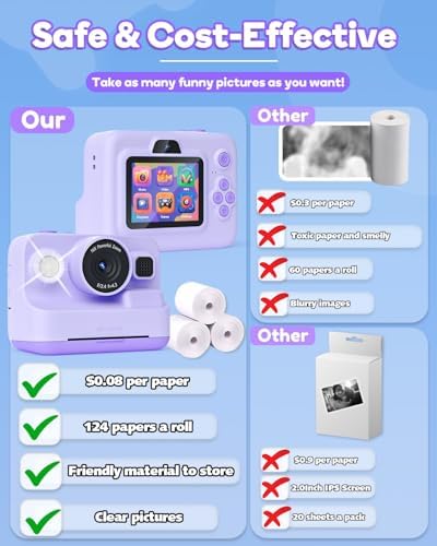 Instant Print Camera for Kids,2.4 Inch Screen Kids Instant Cameras, Christmas Birthday Gifts for Girls Age 3-12, Portable Toddler Toy for 3 4 5 6 7 8 9 10 Year Old Girls Boys Purple