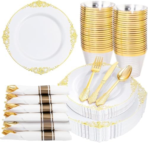 Nervure 175Pcs Gold Plastic Plates, Disposable Dinnerware Set for 25 Guests