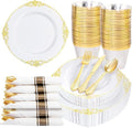 Nervure 175Pcs Gold Plastic Plates, Disposable Dinnerware Set for 25 Guests