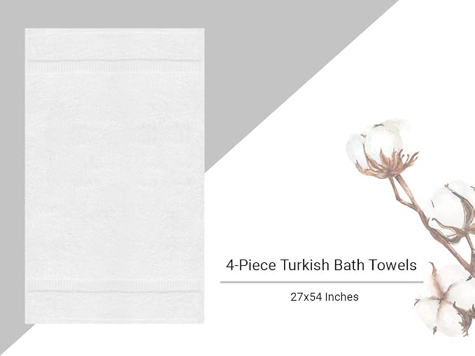 Towel Bazaar 4-Piece Bath Towel Set, 100% Premium Cotton Turkish Towels, 27x54 Luxury Towel Super Soft and Absorbent, Perfect Use for Bathroom, Shower Towels - White