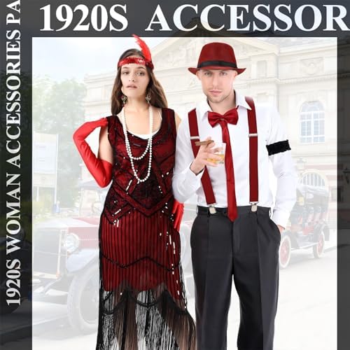 1920s Couples Costume Set Flapper Dress Hat