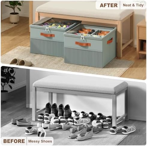 Shoe Organizer for Closet,2 Pack Foldable Shoe Storage Organizer Box Bin with Adjustable Dividers and Clear Cover, Fits up to 16-32 Pairs（Grey）