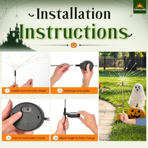 GIGALUMI 4 Pack Solar Firework Lights Outdoor, Halloween Decor, Green