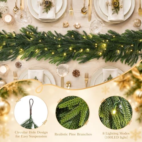 N&T NIETING 12FT Christmas Norfolk Pine Pre-Lit Garland with 100 LED Lights Real Touch Pine Garlands Prelit Garland Greenery Garlands for Table Mantle Fireplace Stairs Indoor Outdoor Xmas Decorations