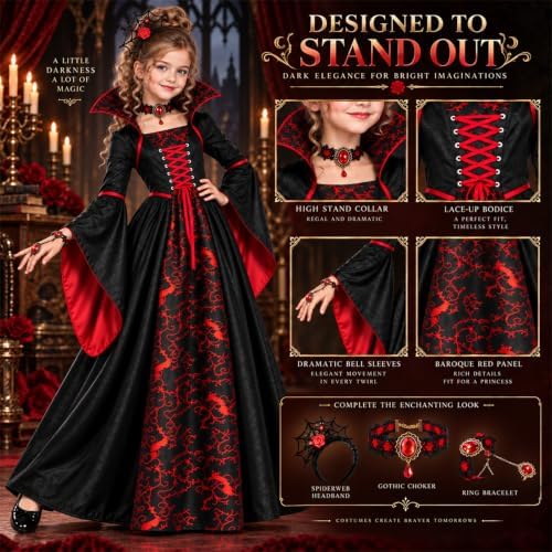 Girls Vampire Costume, Vampiress Dress with Headpiece, Necklace and Bracelet, Halloween Cosplay Outfit for Kids