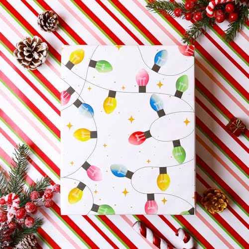 LaRibbons Reversible Christmas Wrapping Paper, Christmas Lights & Striped